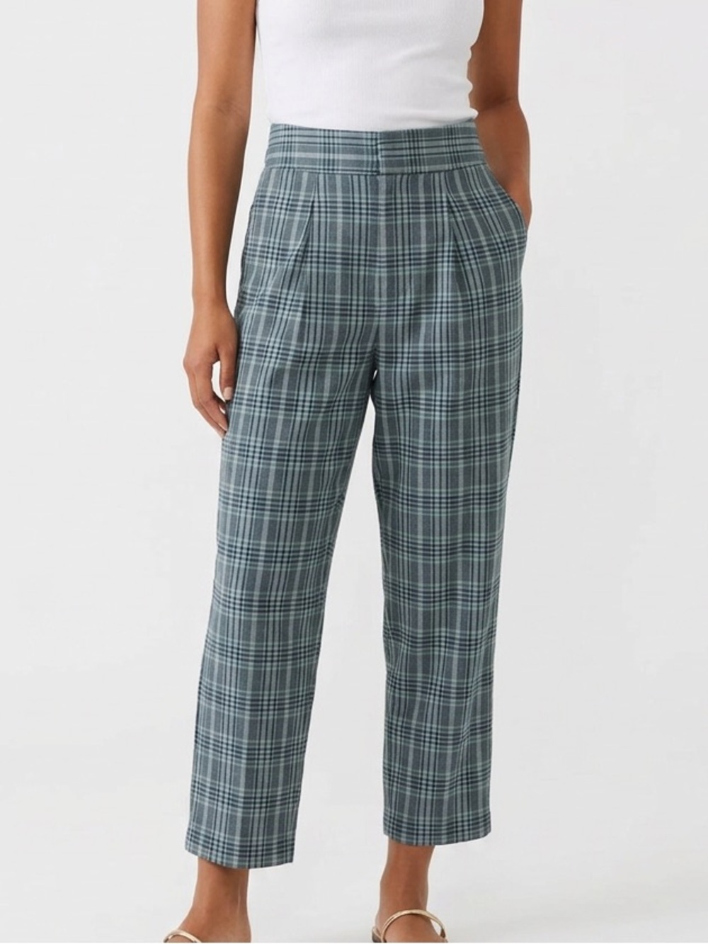 Urban Outfitters M Plaid Green Navy Pleated Ankle Preppy Boho Business Casual